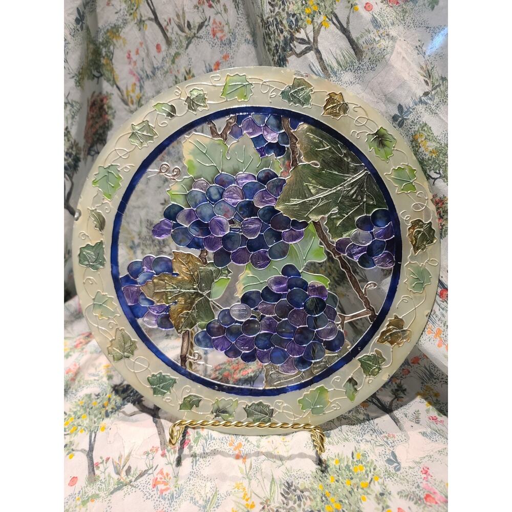 "Vineyard" Round hand painted art glass Grapes Candle Holder- Joan Baker TS127